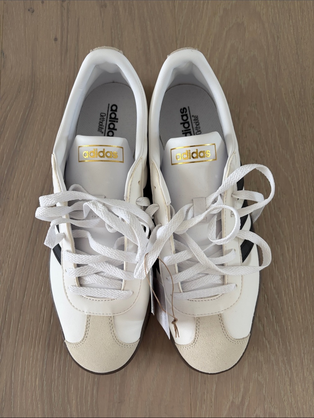 adidas VL Court 2.0 White Sneakers with Black Stripes and Gold Logo Accents